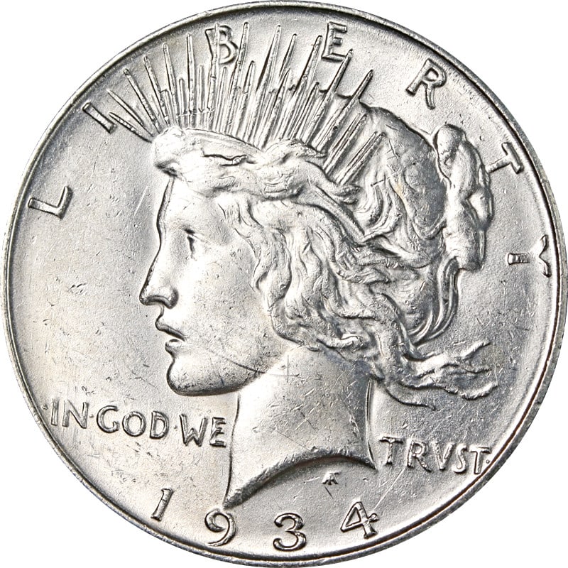 Silver 1934 D Mint Peace Dollar Doubled Die Obverse United States Coin: Silver 1934 D Mint Peace Dollar Doubled Die Obverse United States Coin This is a 1934-D Peace Dollar featuring a doubled die obverse. The coin is composed of silver with a fineness of 0.9 and was mint