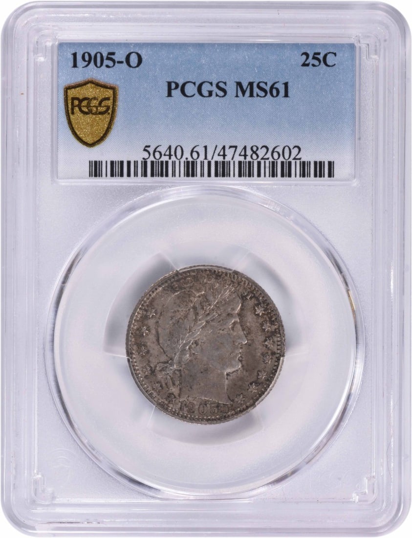 1905-O Barber Quarter MS61 PCGS Silver 25C New Orleans: 1905-O Barber Quarter MS61 PCGS Silver 25C New Orleans This 1905-O Barber Silver Quarter is a remarkable piece of numismatic history, showcasing the craftsmanship of designer Charles E. Barber. Certif