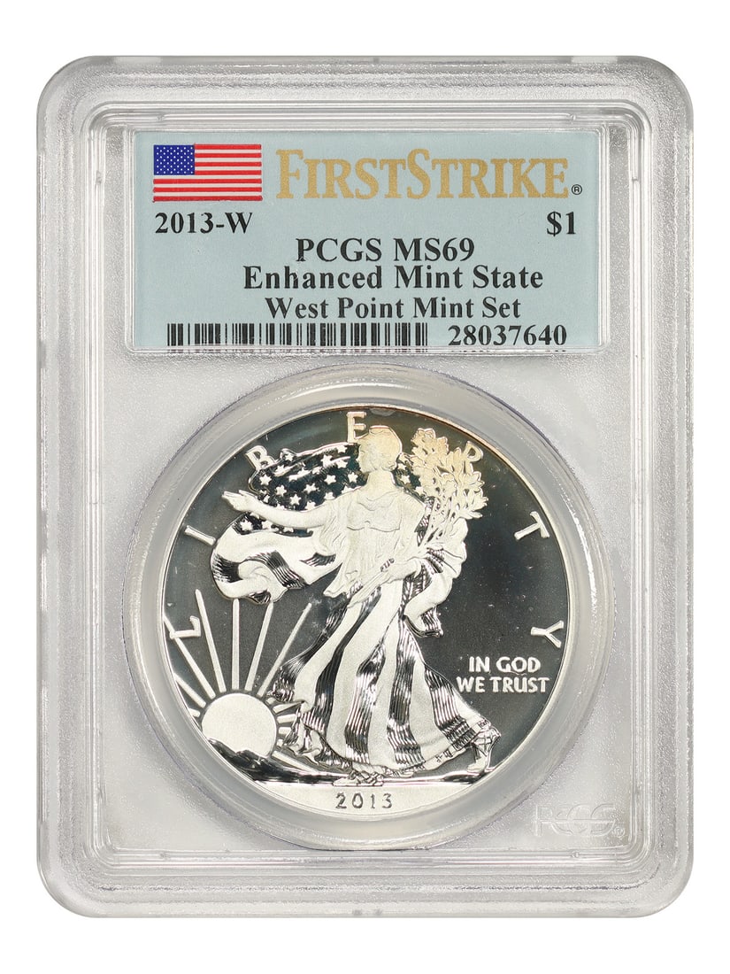 2013 W PCGS Enhanced MS69 Silver Eagle Dollar: 2013 W PCGS Enhanced MS69 Silver Eagle Dollar This is a 2013-W $1 Silver Eagle from the West Point Mint Set, graded Enhanced MS69 by PCGS with First Strike designation. The coin is uncirculated and pa