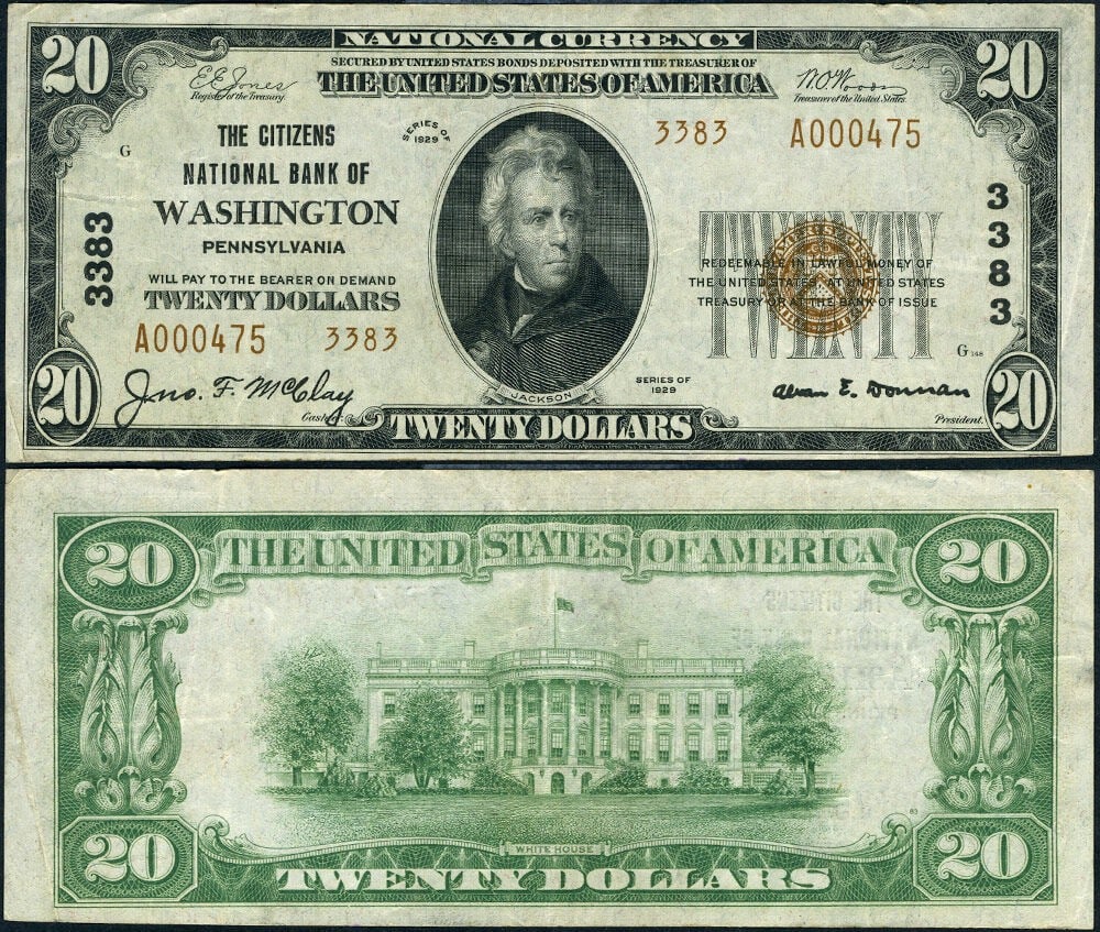 1929 T-2 Washington PA national bank $20 note Citizens NB (1 of 3)