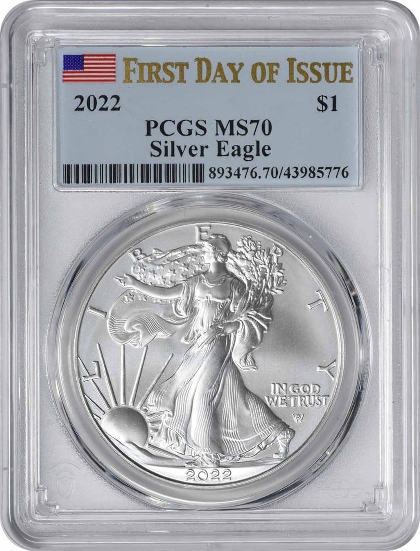 PCGS MS70 2022 American Silver Eagle First Day of Issue: PCGS MS70 2022 American Silver Eagle First Day of Issue This 2022 $1 American Silver Eagle coin is graded MS70 by PCGS and designated as a First Day of Issue. Struck by the U.S. Mint, it contains 1 oz