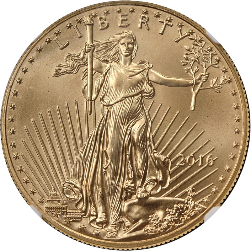 NGC MS70 Early Releases 2016 $50 Gold American Eagle 1 oz Coin: NGC MS70 Early Releases 2016 $50 Gold American Eagle 1 oz Coin This 2016 Gold American Eagle $50 coin is certified by NGC as MS70 Early Releases, indicating a perfect grade and uncirculated condition.