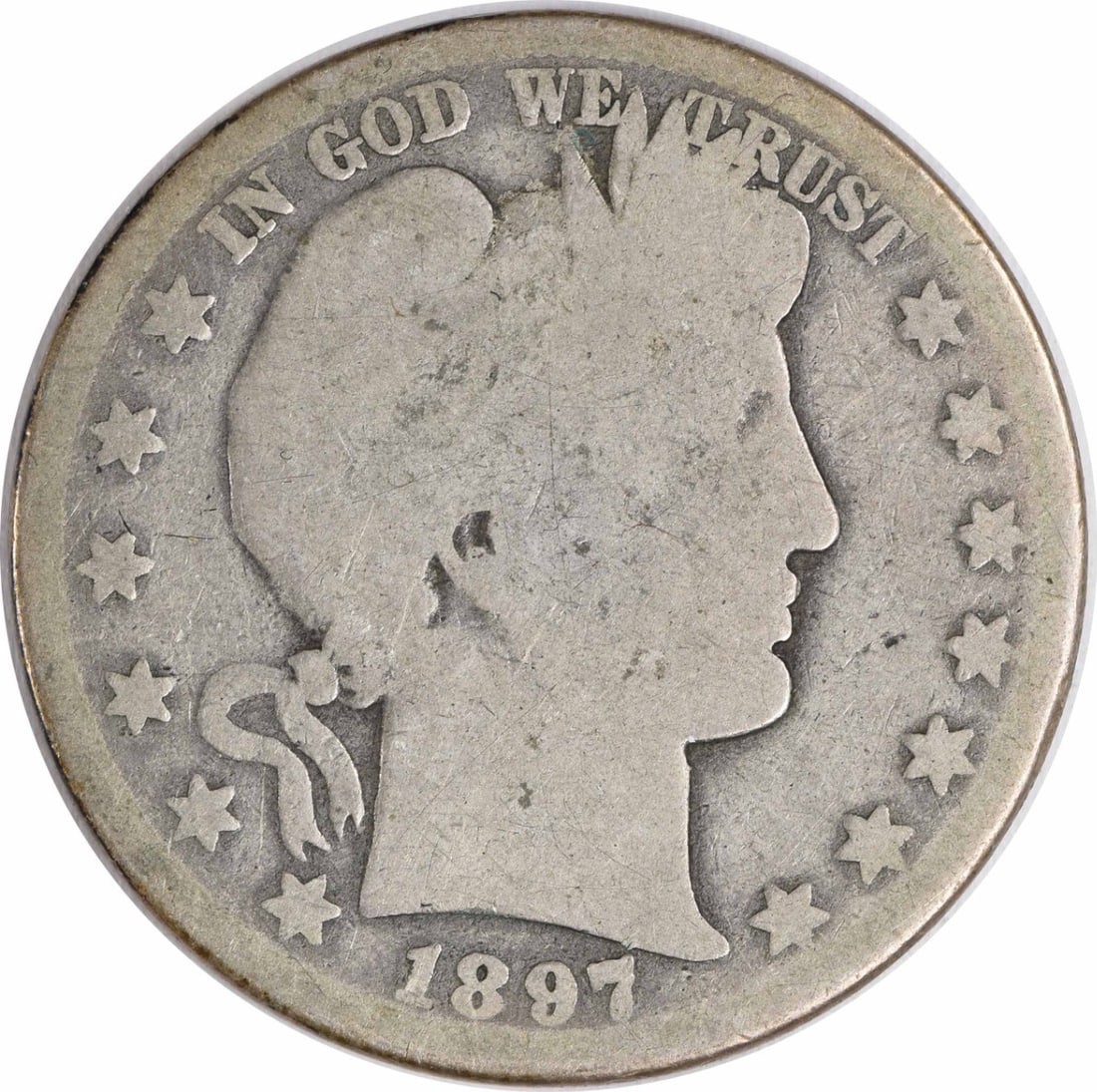 1897-O Barber Silver Half Dollar 50C Uncertified 90% Silver: 1897-O Barber Silver Half Dollar 50C Uncertified 90% Silver This 1897-O Barber Silver Half Dollar is a historic coin that showcases the artistry of designer Charles E. Barber. Struck in 90% silver and