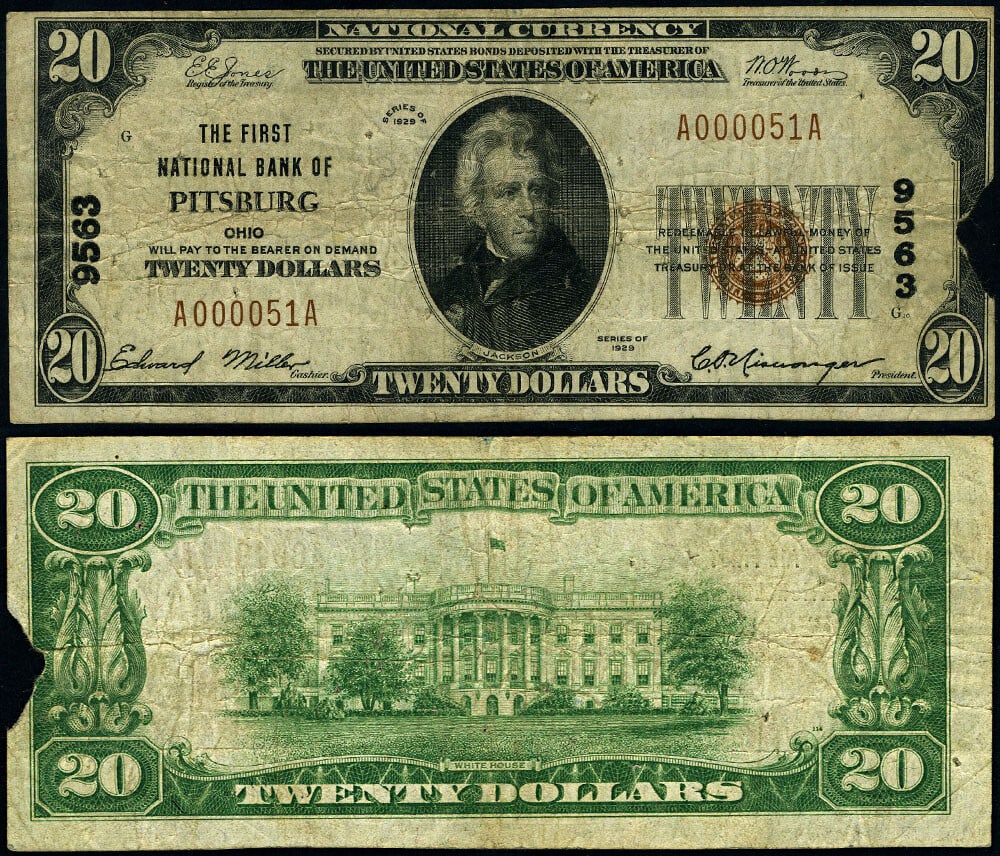 1929 T-1 $20 National Bank Note Pitsburg OH Charter #9563: 1929 T-1 $20 National Bank Note Pitsburg OH Charter #9563 This is a very rare 1929 T-1 National Bank Note from Pitsburg, Ohio, featuring a denomination of $20. The note is graded as Fine, indicating i