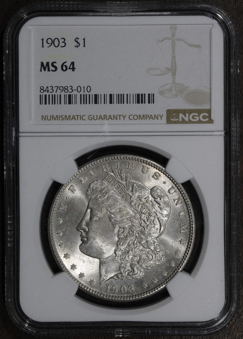 NGC MS64 1903 Morgan Dollar Silver Philadelphia: NGC MS64 1903 Morgan Dollar Silver Philadelphia This 1903 Morgan Silver Dollar is graded MS64 by NGC and features a much better date for collectors. Struck in silver with a fineness of 0.9, this uncir