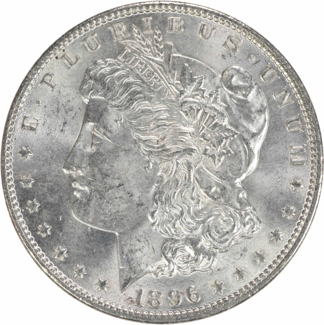 1896 Silver Dollar Morgan Coin Choice Brilliant Uncirculated Uncertified: 1896 Silver Dollar Morgan Coin Choice Brilliant Uncirculated Uncertified This is an uncirculated 1896 Morgan Silver Dollar, graded as Choice BU. The coin is composed of silver and was minted in the Un