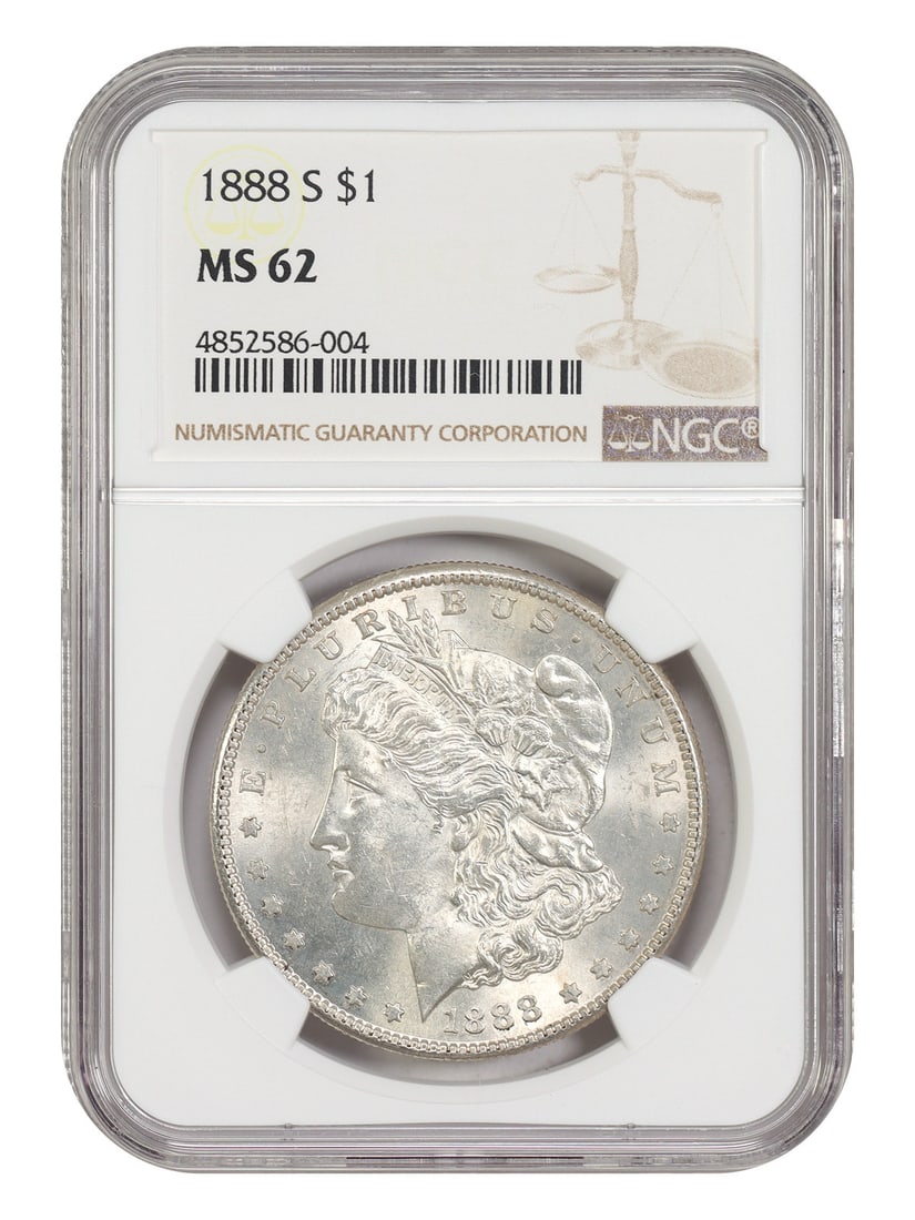 1888-S Morgan Dollar NGC MS62 San Francisco Mint: 1888-S Morgan Dollar NGC MS62 San Francisco Mint This 1888-S Morgan Dollar is graded MS62 by NGC and is an uncirculated coin from the San Francisco Mint. With a mintage of only 657,000, this issue is 