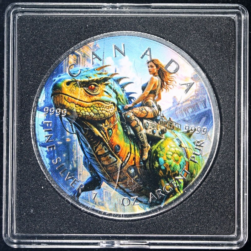 2025 Canada 1oz Silver $5 Maple Leaf Dinosaur Rider Coin Uncertified: 2025 Canada 1oz Silver $5 Maple Leaf Dinosaur Rider Coin Uncertified This 2025 Canada 1 Ounce Silver $5 Maple Leaf Dinosaur Rider coin features a stunning design with exceptional luster and a strong s