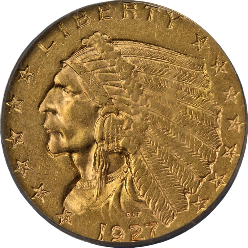 1927 $2.50 Indian Head Gold Coin ANACS AU58: 1927 $2.50 Indian Head Gold Coin ANACS AU58 This 1927 Indian Gold $2.50 coin has been certified by ANACS with a grade of AU58. The coin features attractive luster, a strong strike, and appealing color