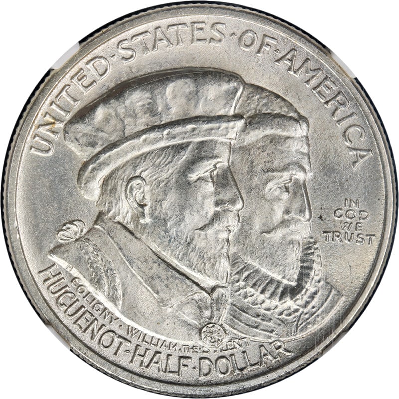1924 Huguenot Commemorative Half Dollar NGC MS66 Silver: 1924 Huguenot Commemorative Half Dollar NGC MS66 Silver This 1924 Huguenot Commemorative Half Dollar is graded MS66 by NGC, indicating an uncirculated coin with superb eye appeal, bright white luster,