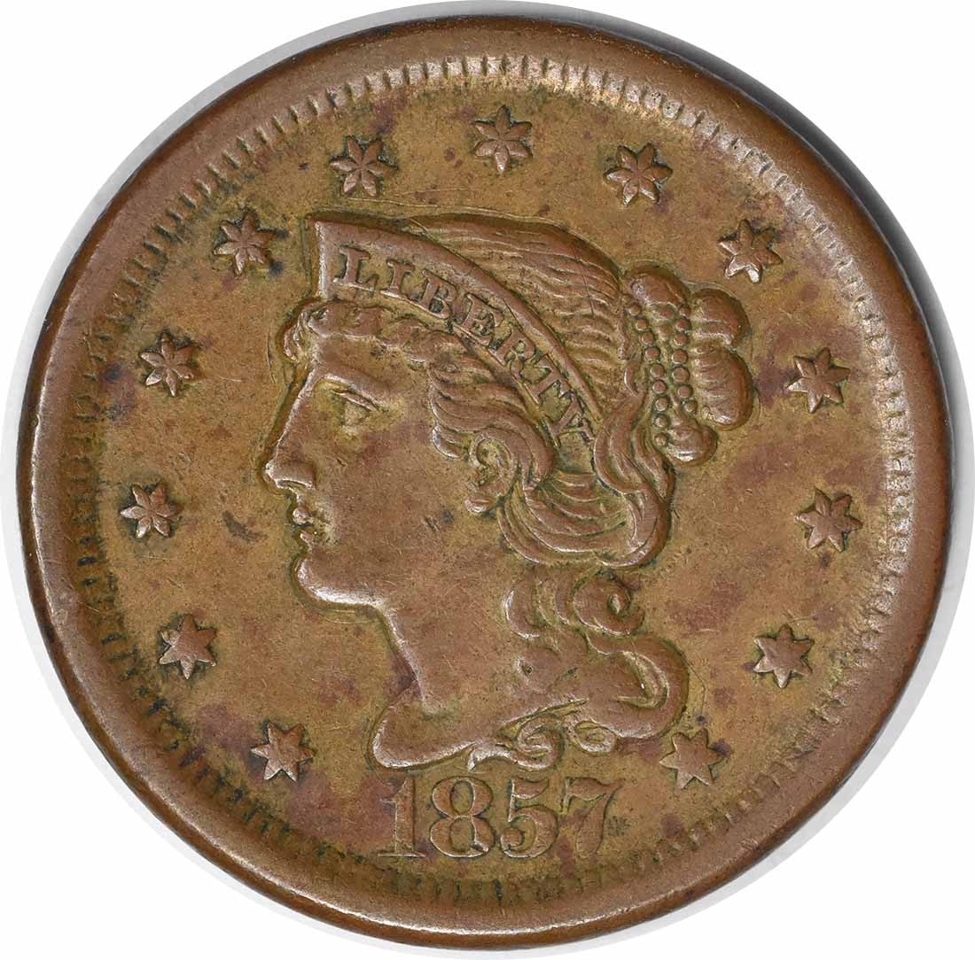 1857 Large Cent AU Braided Hair Coin by Christian Gobrecht (1 of 2)