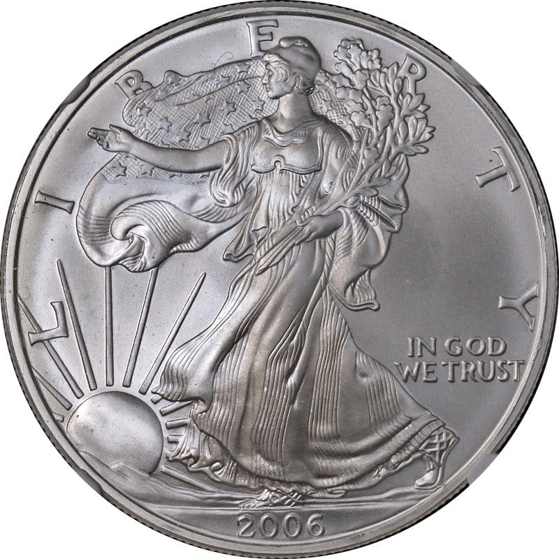 NGC MS70 2006 Silver American Eagle Dollar Brown Label: NGC MS70 2006 Silver American Eagle Dollar Brown Label This is an original 2006 Silver American Eagle $1 coin, certified by NGC with a grade of MS70 and featuring the Brown Label. The coin is composed
