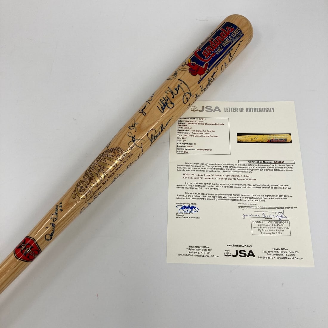 Signed 1982 Cardinals Commemorative Bat JSA COA 28 Autographs (1 of 15)