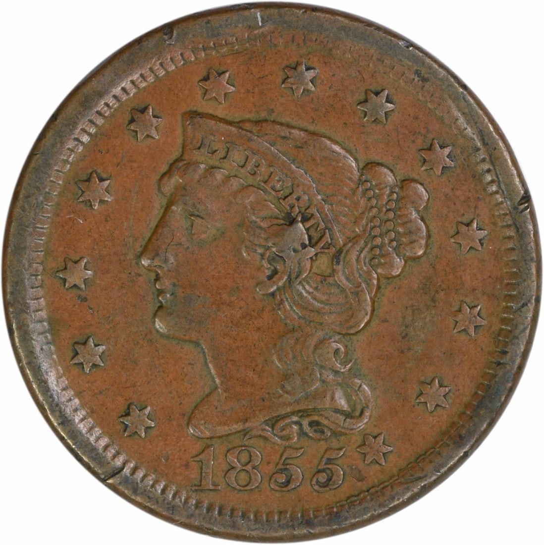 1855 Braided Hair Large Cent Copper Coin EF Philadelphia Uncertified (1 of 2)