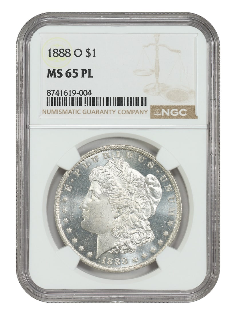 1888 New Orleans Morgan Dollar NGC MS65PL: 1888 New Orleans Morgan Dollar NGC MS65PL This is an 1888 Morgan Dollar struck at the New Orleans Mint, certified by NGC as MS65PL. The coin is uncirculated and features bright prooflike brilliance. I