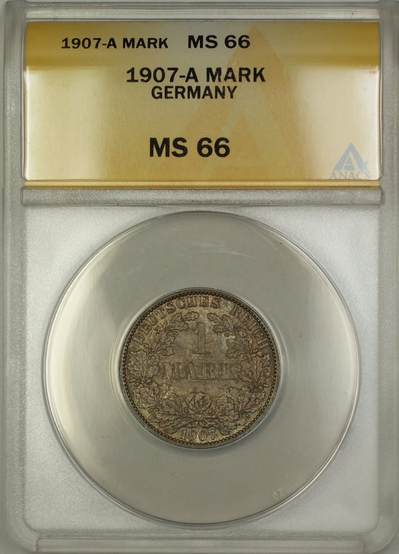 Germany 1907-A Silver 1 Mark ANACS MS 66 Uncirculated Coin: Germany 1907-A Silver 1 Mark ANACS MS 66 Uncirculated Coin This is a 1907-A Germany 1 Mark silver coin, certified by ANACS with a grade of MS-66. The coin is uncirculated and composed of silver, origi