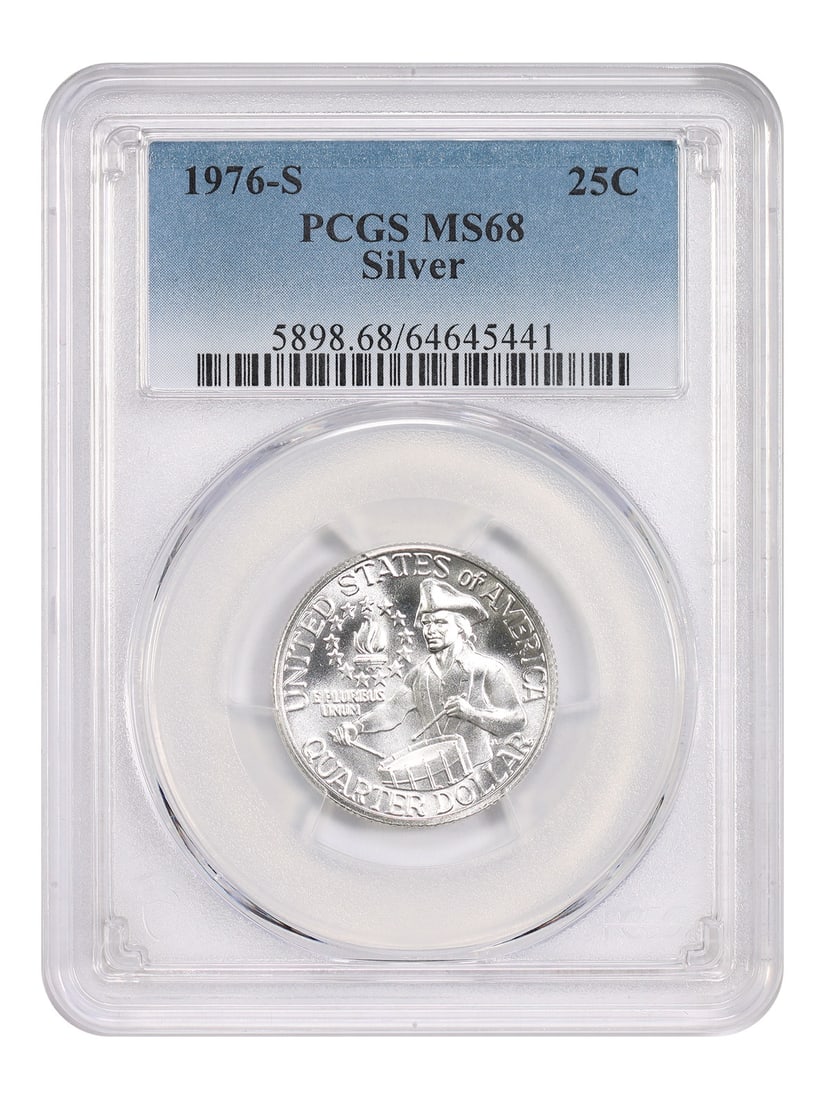 PCGS MS68 1976-S Silver Washington Quarter 25C: PCGS MS68 1976-S Silver Washington Quarter 25C This is a 1976-S Washington Quarter struck in silver and graded MS68 by PCGS. The coin is uncirculated and originates from the San Francisco Mint. It is 