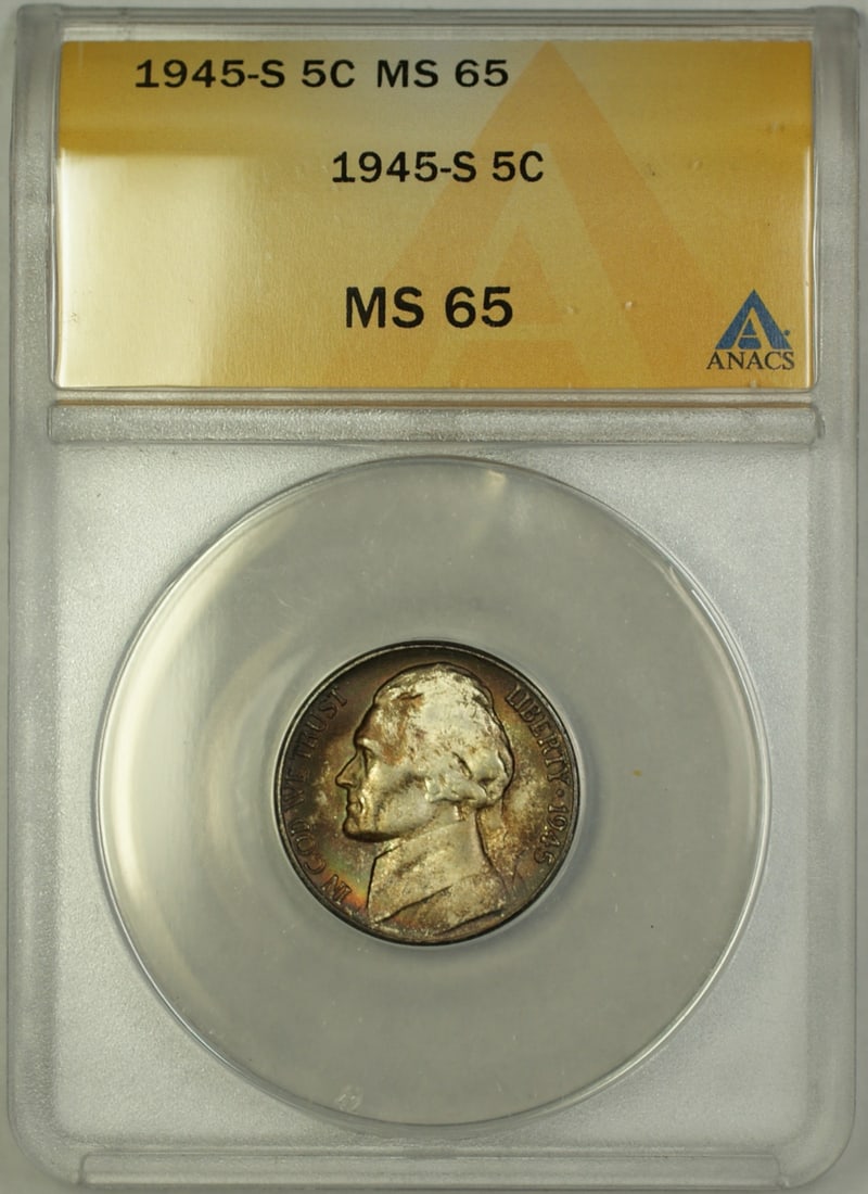 ANACS MS-65 1945-S Jefferson Silver Nickel Five Cent Uncirculated Coin (1 of 2)