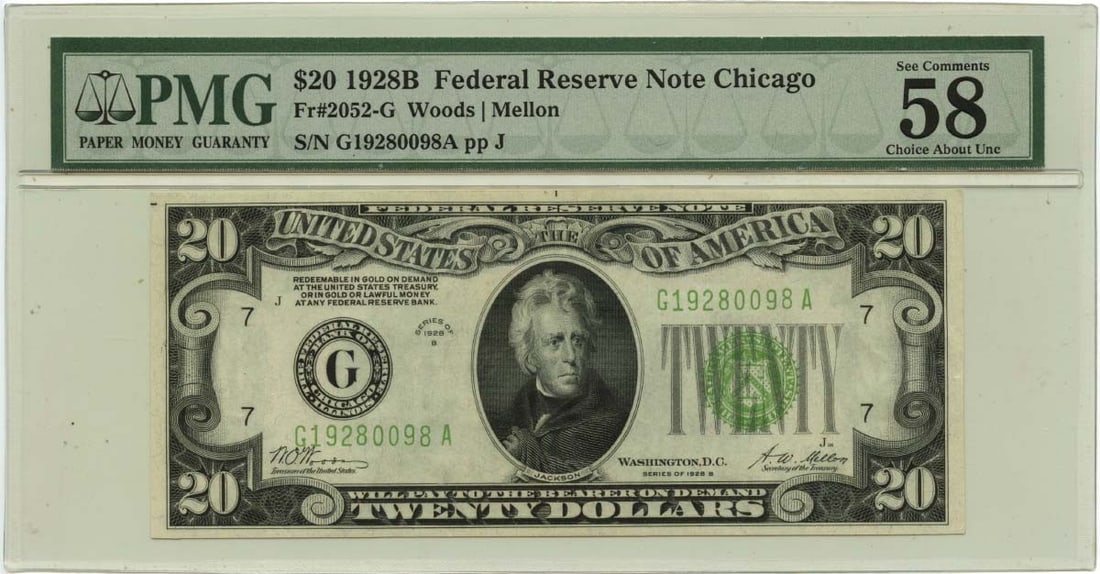 Chicago 1928B $20 Federal Reserve Note PMG AU58 EPQ: Chicago 1928B $20 Federal Reserve Note PMG AU58 EPQ This is a 1928B $20 Federal Reserve Note from Chicago, graded AU58 EPQ by PMG. The note is circulated and has been certified for its quality and aut