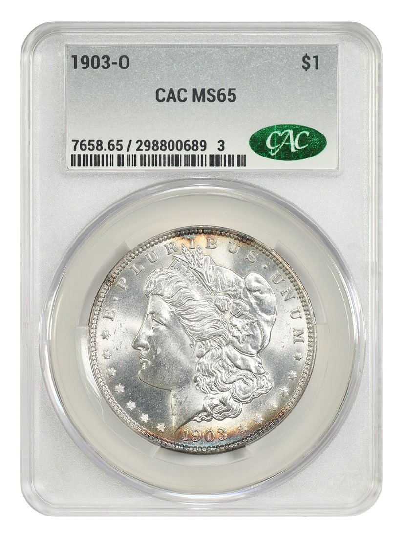 CACG MS65 1903-O Morgan Dollar New Orleans: CACG MS65 1903-O Morgan Dollar New Orleans This 1903-O Morgan Dollar is certified by CACG and graded MS65, indicating it is in uncirculated condition. Minted in New Orleans, this coin is recognized fo