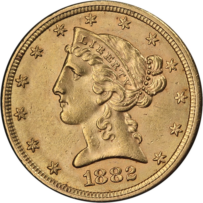 Uncirculated 1882 Philadelphia Liberty Five Dollar Gold Coin BU Plus: Uncirculated 1882 Philadelphia Liberty Five Dollar Gold Coin BU Plus This 1882-P Liberty Gold $5 coin is uncirculated, featuring brilliant luster and a strong strike. The coin displays excellent color