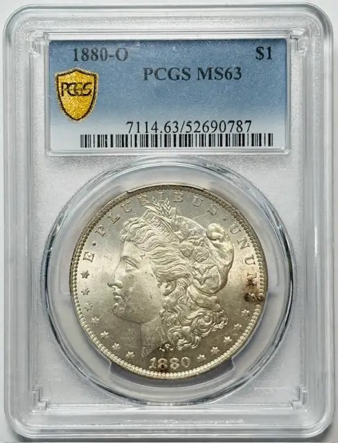 1880 O Morgan Silver Dollar PCGS MS63 Uncirculated: 1880 O Morgan Silver Dollar PCGS MS63 Uncirculated This 1880 O Morgan Silver Dollar is a remarkable piece for collectors, certified by PCGS with a grade of MS 63, indicating its uncirculated condition