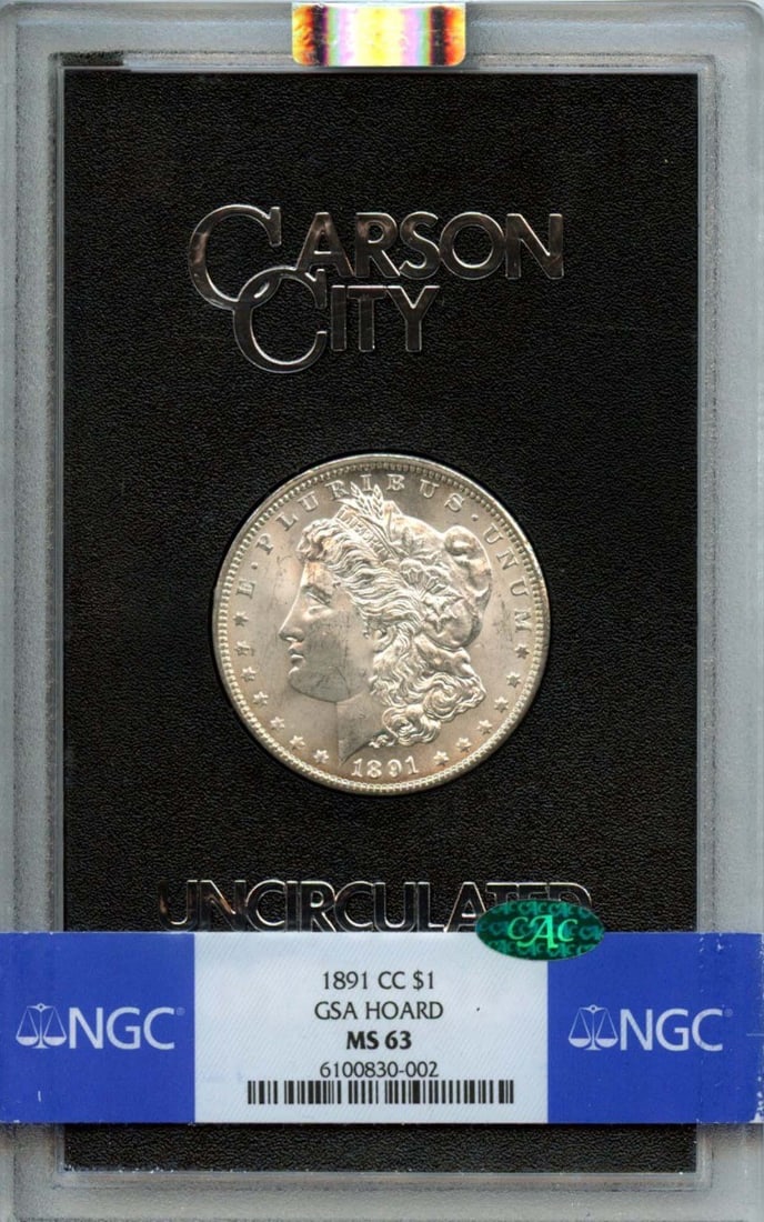 GSA Carson City 1891 Morgan Silver Dollar NGC MS63 CAC Certified: GSA Carson City 1891 Morgan Silver Dollar NGC MS63 CAC Certified This 1891-CC Morgan Dollar is part of the GSA Hoard and has been graded MS63 by NGC, with additional CAC approval. Struck at the Carson