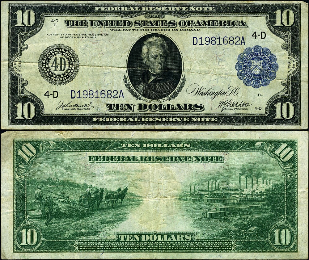 1914 $10 Federal Reserve Note Cleveland VF+ Circulated: 1914 $10 Federal Reserve Note Cleveland VF+ Circulated This 1914 $10 Federal Reserve Note from Cleveland is a remarkable piece for collectors. It is classified as a Very Fine Plus (VF+) grade, indicat