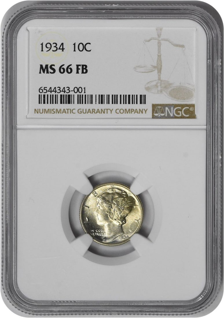NGC MS66FB 1934 Mercury Dime 90 Percent Silver Philadelphia Mint: NGC MS66FB 1934 Mercury Dime 90 Percent Silver Philadelphia Mint This is a 1934 Mercury Dime from the United States, minted in Philadelphia. The coin is composed of 90% silver and 10% copper, has a re