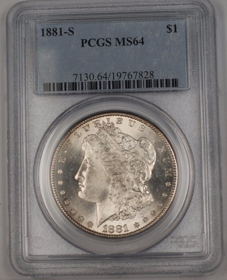 PCGS MS-64 1881-S Morgan Silver Dollar Uncirculated San Francisco Mint: PCGS MS-64 1881-S Morgan Silver Dollar Uncirculated San Francisco Mint This 1881-S US Morgan Silver Dollar is certified by PCGS with a grade of MS-64. Struck at the San Francisco Mint, this uncirculat