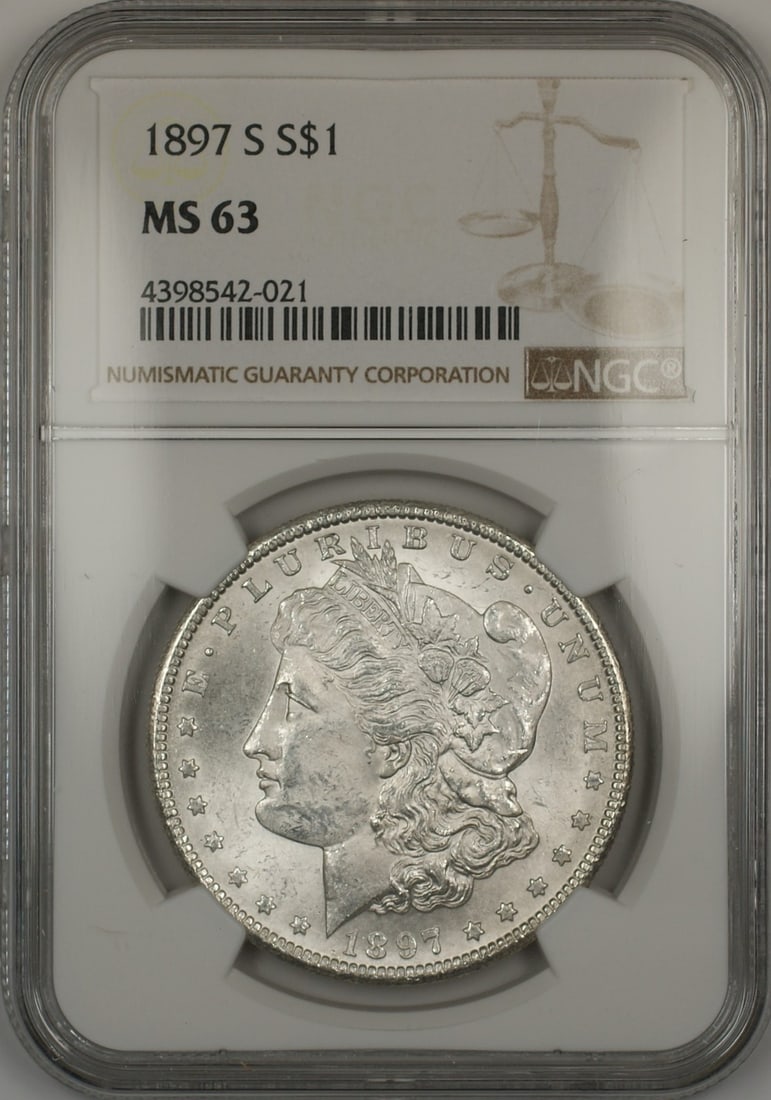 NGC MS 63 San Francisco Mint 1897 Silver Morgan Dollar: NGC MS 63 San Francisco Mint 1897 Silver Morgan Dollar This 1897-S Morgan Silver Dollar is graded MS 63 by NGC. Struck in San Francisco, this uncirculated coin is composed of silver and represents a c