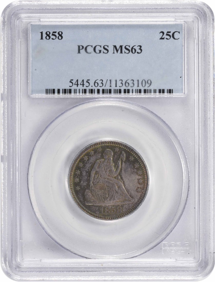 1858 Liberty Seated Silver Quarter MS63 PCGS Certified 90% Silver: 1858 Liberty Seated Silver Quarter MS63 PCGS Certified 90% Silver This 1858 Liberty Seated Silver Quarter, graded MS63 by PCGS, showcases the classic design by Robert Ball Hughes and Christian Gobrech