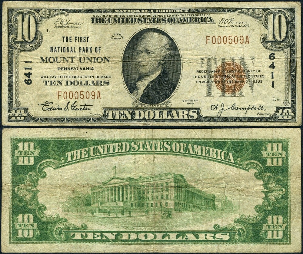 1929 Mount Union Pennsylvania $10 National Bank Note CH 6411 (1 of 3)