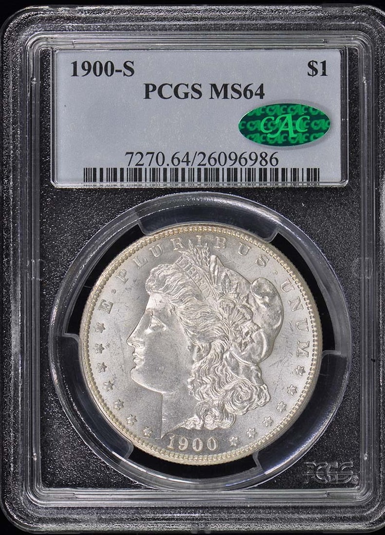 1900-S Morgan Dollar PCGS MS64 CAC Uncirculated San Francisco: 1900-S Morgan Dollar PCGS MS64 CAC Uncirculated San Francisco This 1900-S $1 Morgan Dollar is a stunning piece certified by PCGS with a grade of MS64 and a CAC designation, indicating its superior qua