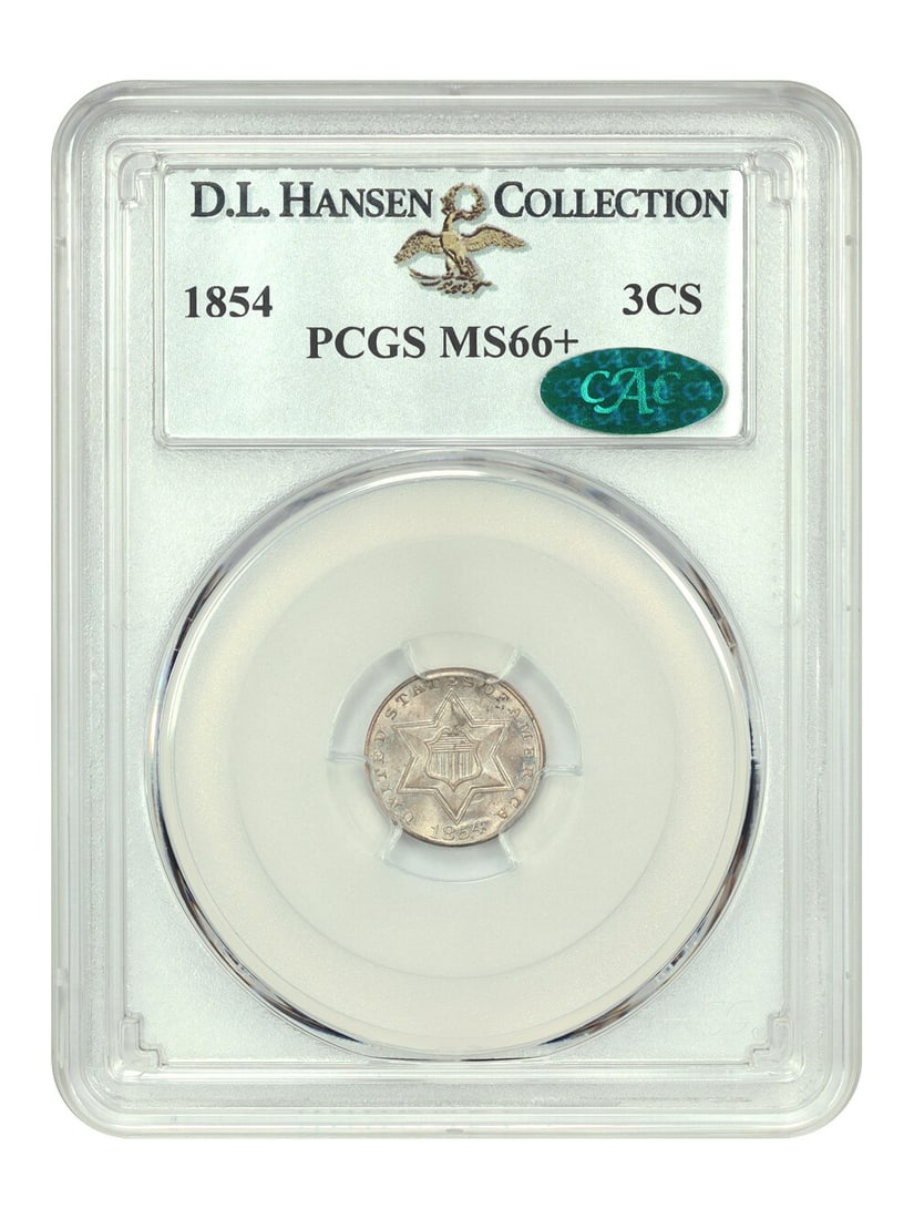 1854 Three Cent Silver MS66+ PCGS CAC Approved D.L. Hansen: 1854 Three Cent Silver MS66+ PCGS CAC Approved D.L. Hansen This stunning 1854 Three Cent Silver coin is graded MS66+ by PCGS, with CAC approval, making it a rare find. With a low mintage of just 671,0