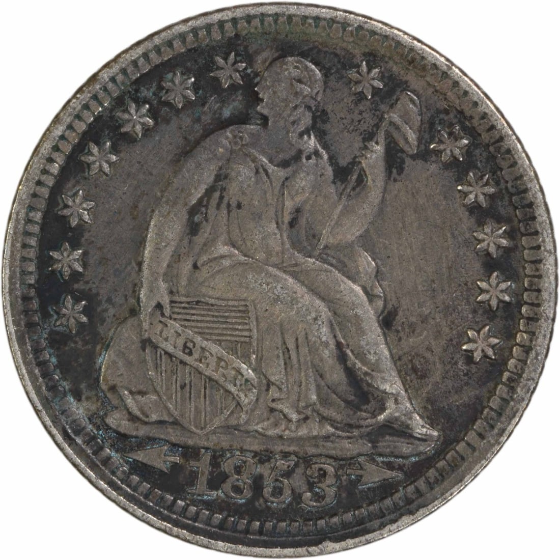 1853 Liberty Seated Half Dime 90% Silver Uncertified EF: 1853 Liberty Seated Half Dime 90% Silver Uncertified EF This 1853 Liberty Seated Silver Half Dime features a classic design by Christian Gobrecht and is a notable piece for collectors. It was minted i