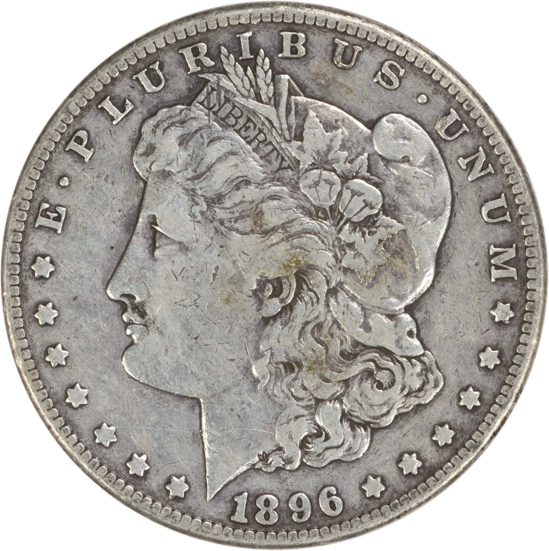 1896 San Francisco Morgan Dollar 90 Percent Silver VF Uncertified US Coin: 1896 San Francisco Morgan Dollar 90 Percent Silver VF Uncertified US Coin This 1896-S Morgan Silver Dollar features a composition of 90% silver and 10% copper. Struck at the San Francisco Mint, this c