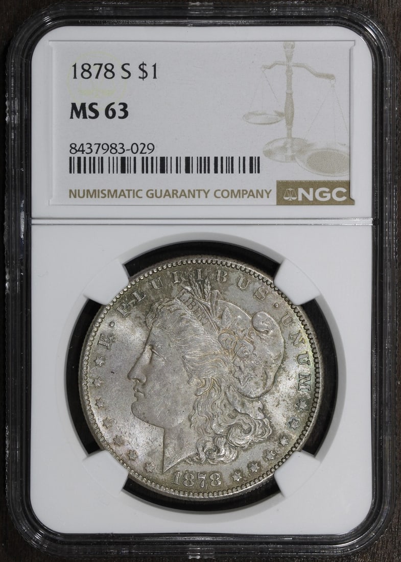 NGC MS63 1878-S Morgan Dollar Silver Coin Nice Toning: NGC MS63 1878-S Morgan Dollar Silver Coin Nice Toning This 1878-S Morgan Silver Dollar is an uncirculated coin featuring attractive toning. Graded MS63 by NGC, it was minted in San Francisco and is co