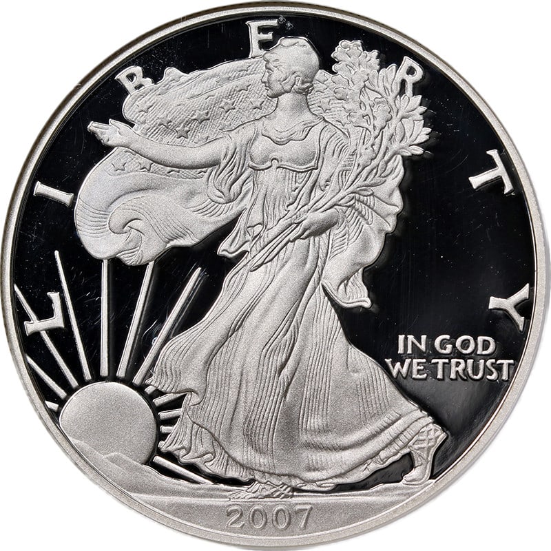 2007-W Silver American Eagle $1 NGC PF70 Ultra Cameo Early Releases: 2007-W Silver American Eagle $1 NGC PF70 Ultra Cameo Early Releases This 2007-W Silver American Eagle $1 coin is certified by NGC as PF70 Ultra Cameo, representing the highest quality available. It sh