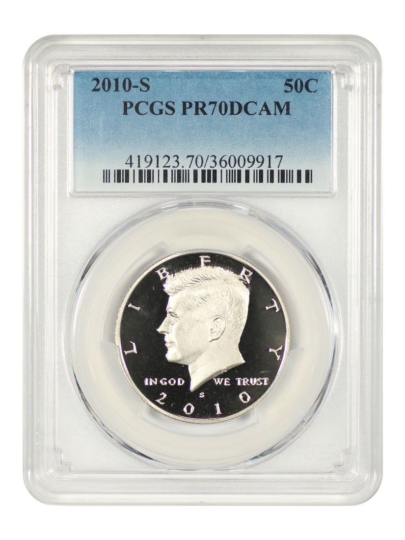 2010-S Kennedy Half Dollar 50C PCGS PR70DCAM Uncirculated: 2010-S Kennedy Half Dollar 50C PCGS PR70DCAM Uncirculated This stunning 2010-S Kennedy Half Dollar is certified by PCGS with a perfect grade of PR70DCAM, showcasing its exceptional quality and detail.