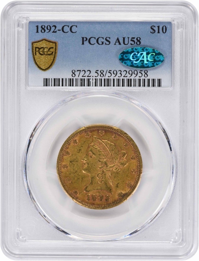 1892 Carson City $10 Gold Coin PCGS AU58 CAC: 1892 Carson City $10 Gold Coin PCGS AU58 CAC This 1892-CC $10 gold coin is graded AU58 by PCGS and features CAC approval. Minted in Carson City, it is composed of 90% gold and 10% copper, with a diame