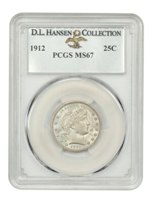PCGS MS67 1912 Barber Quarter 25C Philadelphia: PCGS MS67 1912 Barber Quarter 25C Philadelphia This 1912 Barber quarter has been graded MS67 by PCGS and is an exceptional example from the D.L. Hansen collection. The coin features a creamy white app