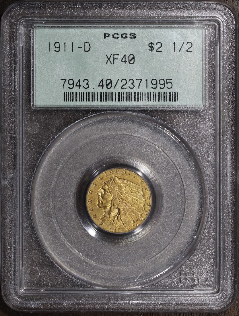 PCGS XF40 1911-D Indian Head $2.50 Gold Quarter Eagle: PCGS XF40 1911-D Indian Head $2.50 Gold Quarter Eagle This is a 1911-D Indian Head Gold Quarter Eagle $2.50 coin graded XF40 by PCGS. Struck at the Denver Mint, this pre-1933 U.S. coin is composed of 