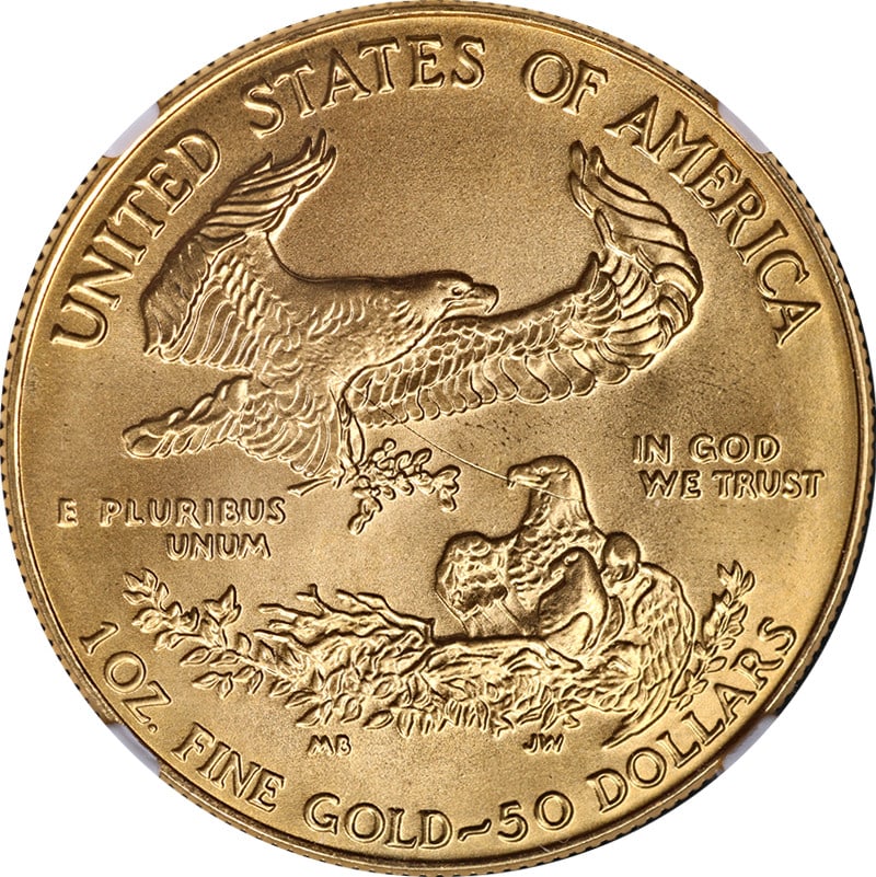NGC MS69 1987 $50 Gold American Eagle Reverse Struck Thru: NGC MS69 1987 $50 Gold American Eagle Reverse Struck Thru This 1987 Gold American Eagle $50 coin features a notable mint error, with the reverse struck through a thin fiber or hair connecting the Fami