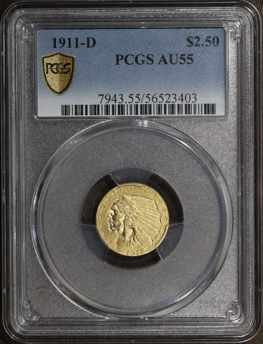 PCGS AU55 1911-D Gold Quarter Eagle: PCGS AU55 1911-D Gold Quarter Eagle This is a 1911-D Indian Head Gold Quarter Eagle with a denomination of $2.50. The coin is graded AU55 by PCGS, indicating it is in About Uncirculated condition. It 