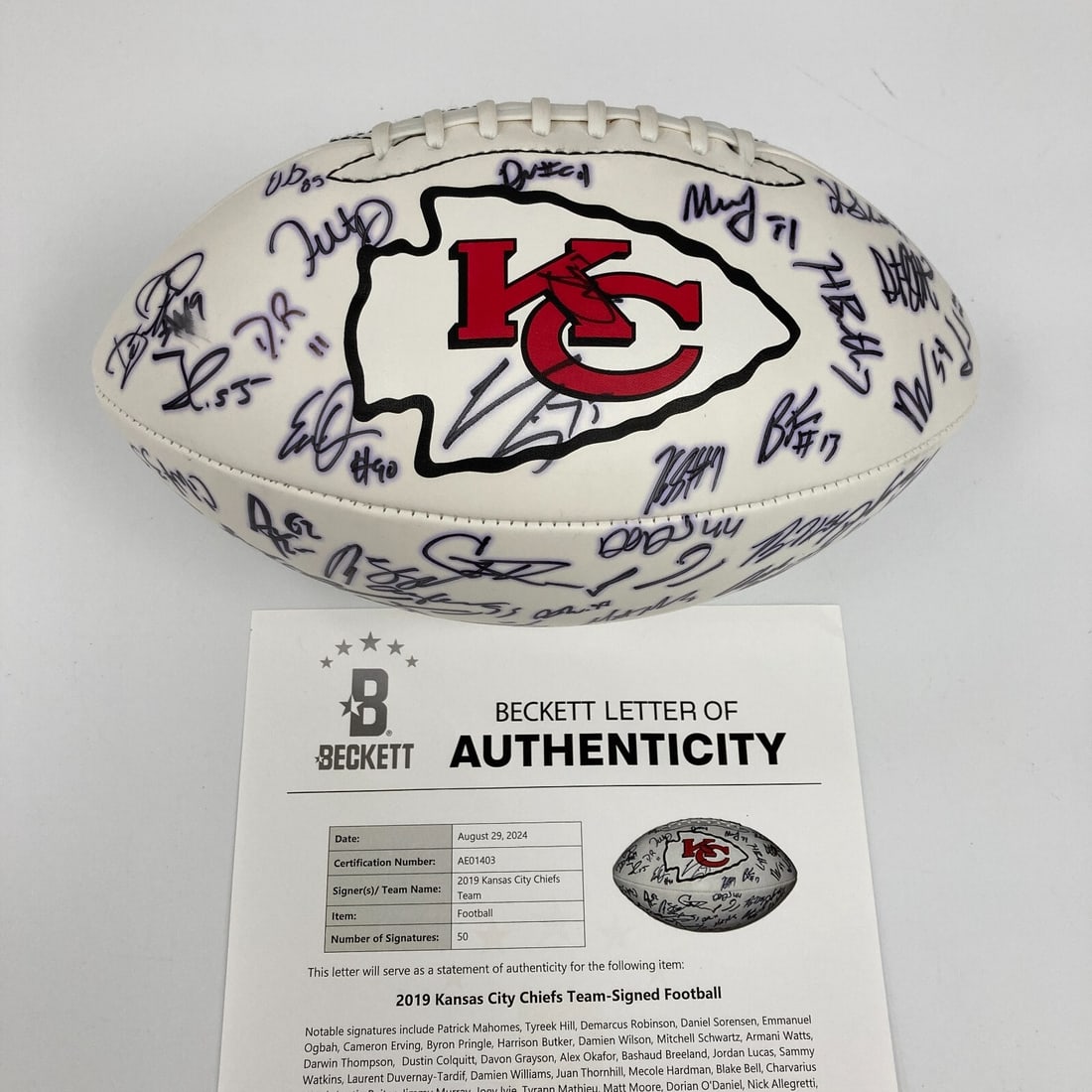 2019 Kansas City Chiefs Team Signed Football with Patrick Mahomes BAS Authenticated: 2019 Kansas City Chiefs Team Signed Football with Patrick Mahomes BAS Authenticated Celebrate the remarkable journey of the 2019 Kansas City Chiefs with this commemorative team-signed football. After 