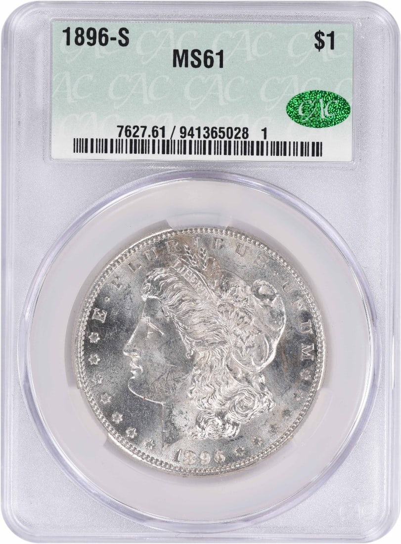 MS61 CACG 1896-S Morgan Dollar San Francisco Mint 90% Silver: MS61 CACG 1896-S Morgan Dollar San Francisco Mint 90% Silver This is an 1896-S Morgan Silver Dollar graded MS61 by CACG. Minted in San Francisco, this uncirculated coin features a composition of 90% s