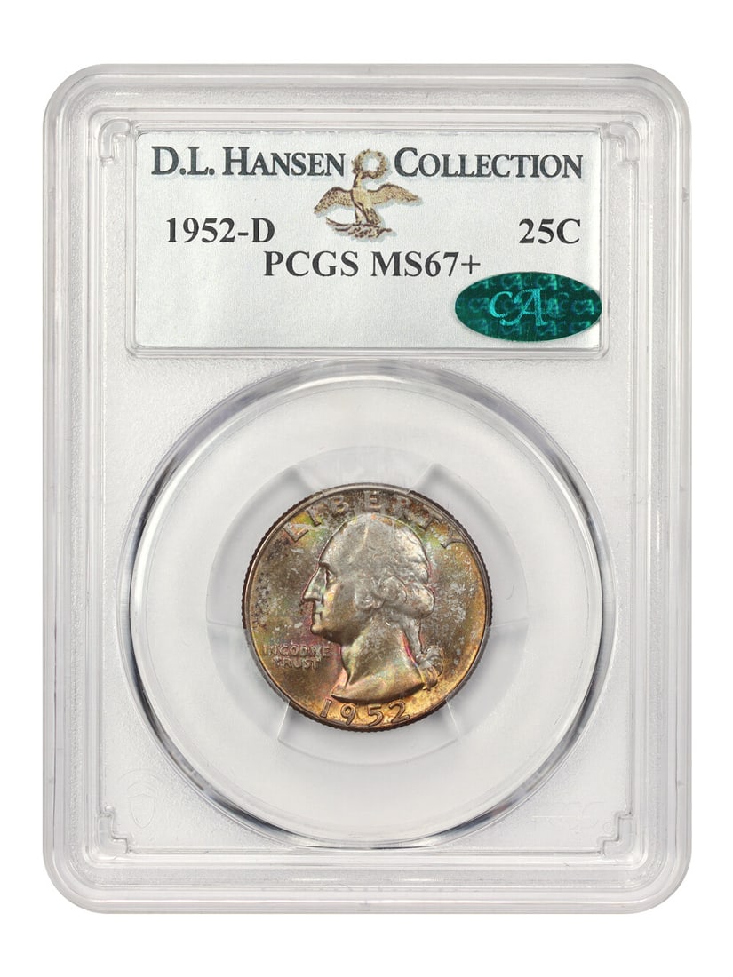 1952-D 25c Washington Quarter PCGS MS67+ CAC Approved Toning: 1952-D 25c Washington Quarter PCGS MS67+ CAC Approved Toning This stunning 1952-D Washington Quarter features bright magenta, teal, green, gold, and orange toning that enhances its boldly detailed sur