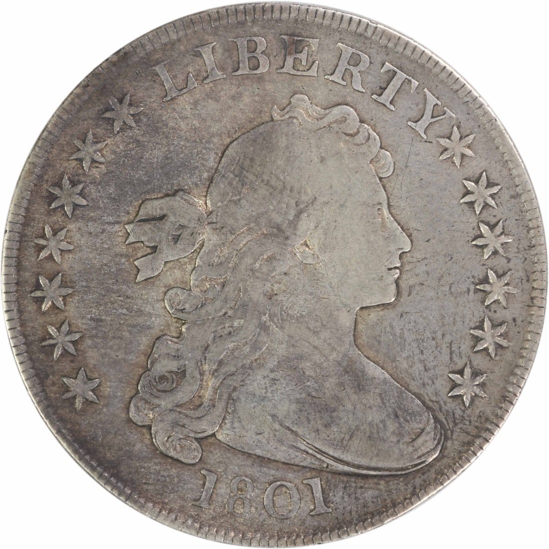 1801 Draped Bust $1 Silver Coin Uncertified F: 1801 Draped Bust $1 Silver Coin Uncertified F This 1801 Bust Silver Dollar is a circulated coin from the United States, designed by Robert Scot. Struck at the Philadelphia Mint, it is composed of 90% 