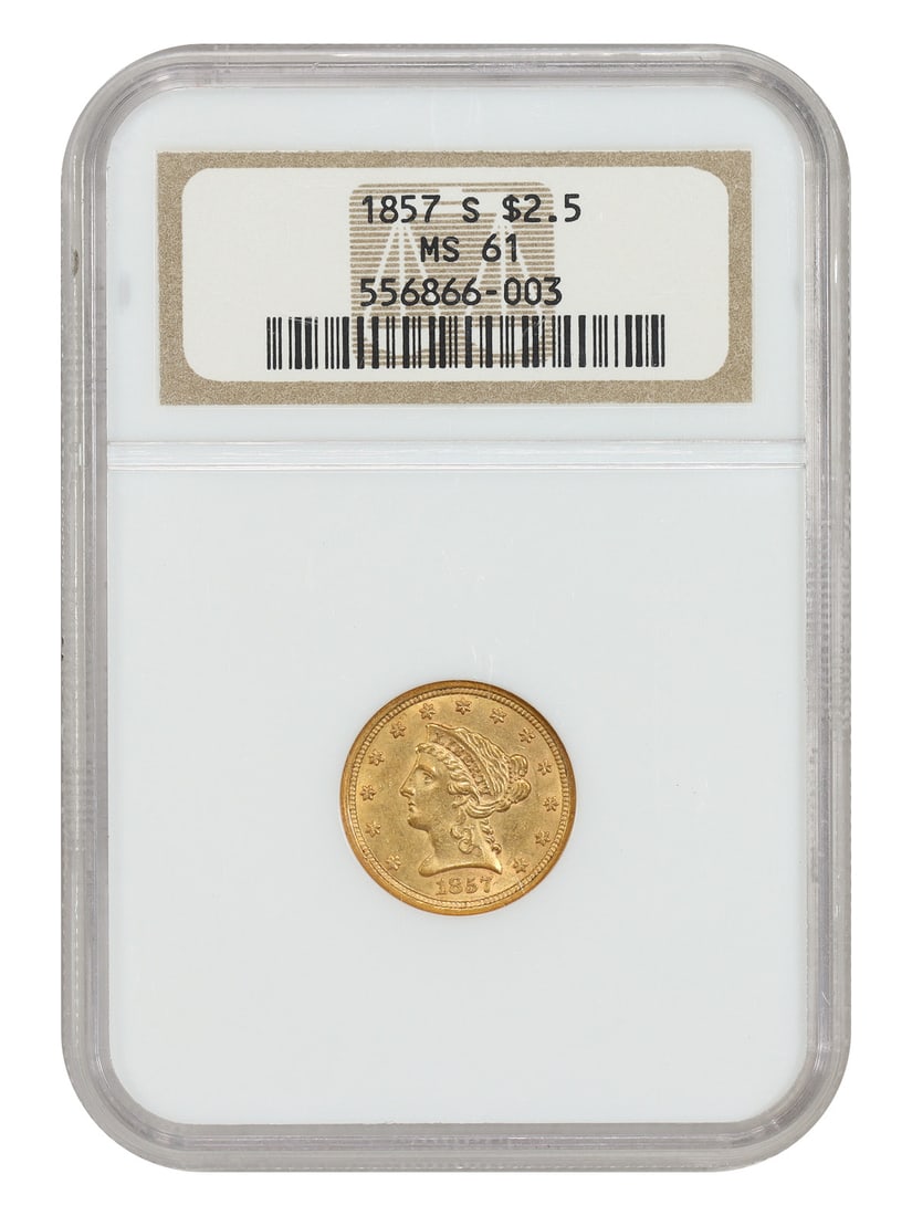1857-S Liberty Head Quarter Eagle NGC MS61 Gold Coin: 1857-S Liberty Head Quarter Eagle NGC MS61 Gold Coin This 1857 Liberty Head $2.50 Quarter Eagle gold coin was struck at the San Francisco Mint and is graded MS61 by NGC. With a mintage of only 69,200 